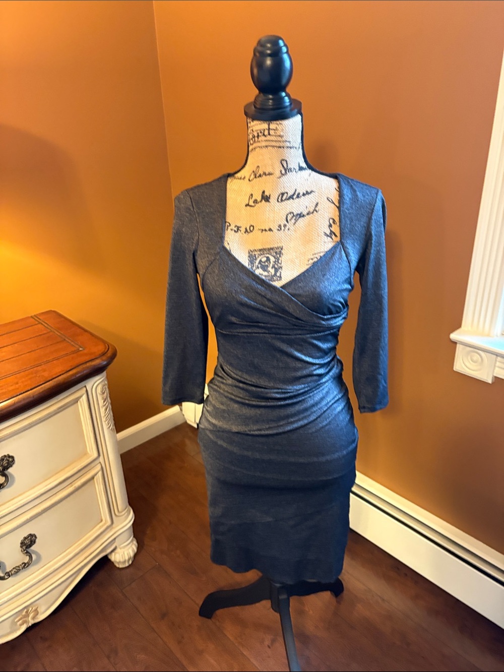 Sleek Navy Ruched Wrap Dress - Women's
